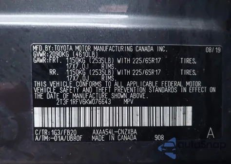 2019 Toyota Rav4 Le from USA, damaged, VIN 2T3F1RFV6KW076643